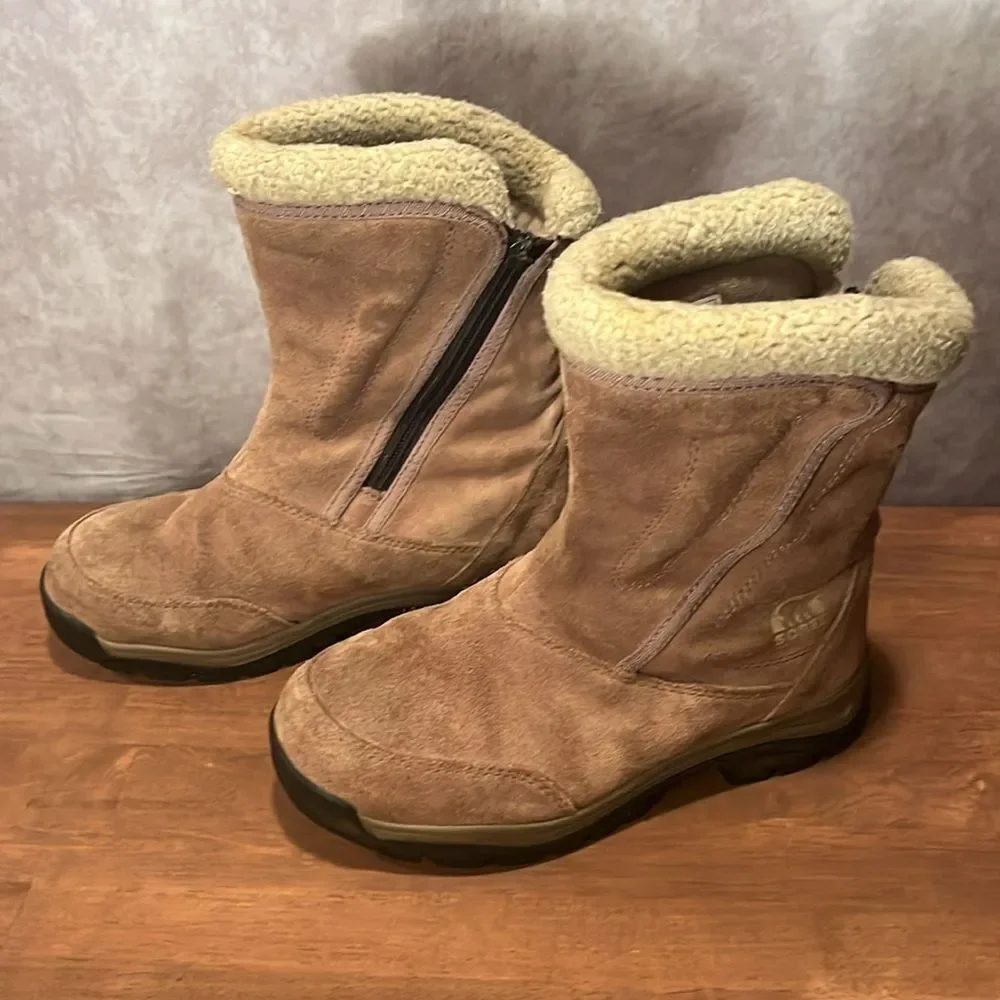 Sorel Waterfall Sherpa fleece lined tan suede winter snow boots size 6.5
